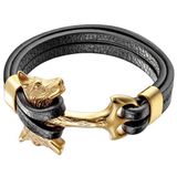 Mendes Bol Leren armband Mannen Mendes Anker Wolf Edelstaal Goudkleurig Zwart