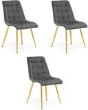LEOBERT Set van 3 eetkamerstoelen SPLIT - Donkergrijs fluweel - Gouden metalen poten