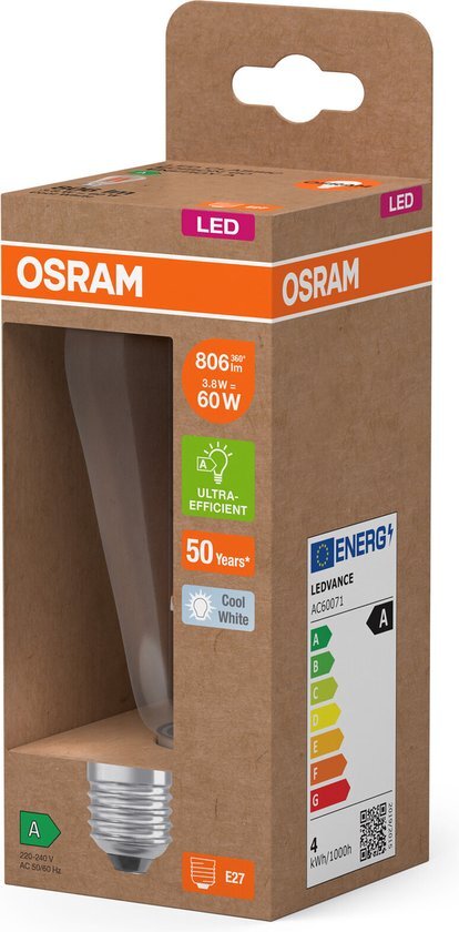 OSRAM Energy Class LED-Lampe in klassischer Edisonform, 3.8 W / 806 lm, EEK A, kaltweißes Licht (4000 K), CRI 80, aus klarfarbenem bleifreiem Glas, E27 Sockel, IP20, 64 mm Durchmesser.