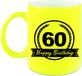 Bellatio Decorations Shoppartners Bv Happy Birthday 60 years cadeau mok / beker met wimpel - 330 ml - neon geel - verjaardagscadeau