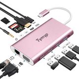 Tymyp 11-in-1 USB C-hub, docking station, 4K HDMI, VGA, Gigabit Ethernet, 100 W PD, 2 x USB 2.0, 2 x USB 3.0, SD/TF-kaartlezer, audio/microfoon, ondersteunt Apple/Surface/Dell/Lenovo/Samsung