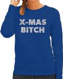 Bellatio Decorations Shoppartners Bv Foute Kersttrui / sweater - Christmas Bitch - zilver / glitter - blauw - dames - kerstkleding / kerst outfit 2XL