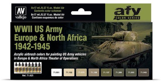 Vallejo Hobbyverf Acrylverf - 71625 WWII US Army Europe - North Africa 1942-1945 - Acryl Set Verf set - 8x 17 ml