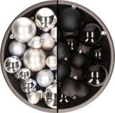 Decoris Kaemingk B.V. Kerstversiering kunststof kerstballen kleuren mix zwart/zilver 6-8-10 cm pakket van 44x stuks