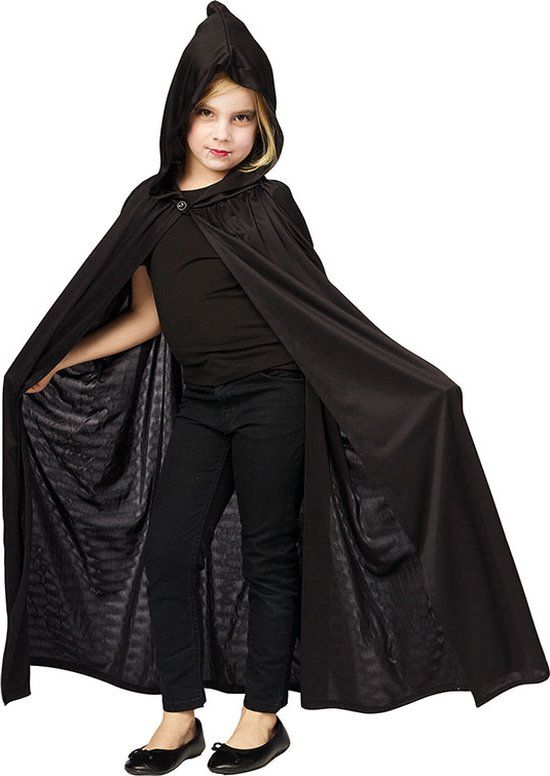 Zwarte cape met kap voor kinderen - 6 tot 10 jaar - halloween mantel - Maat 110-128 - Unisex