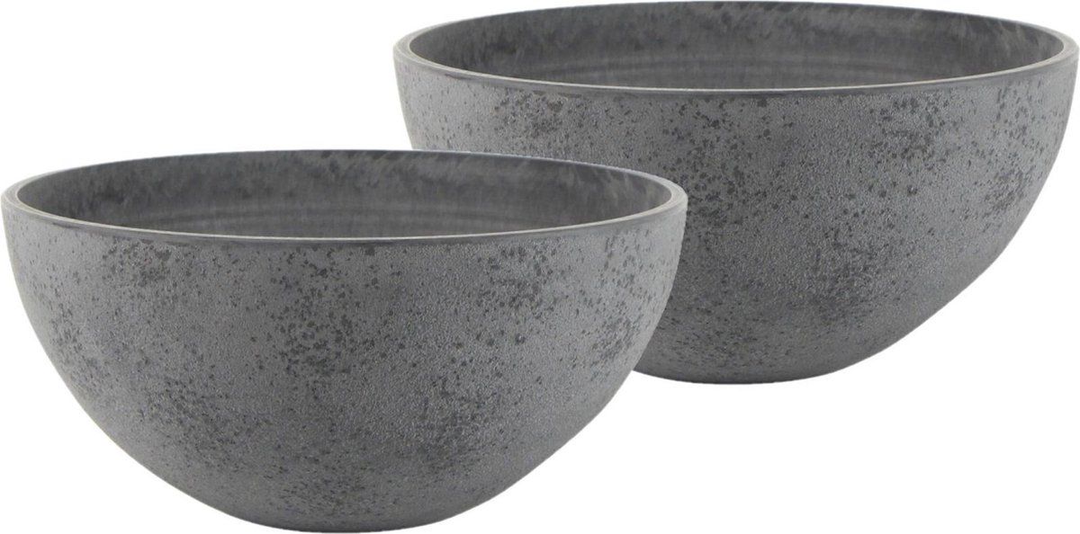Steege 2x bloempot/plantenpot schaal gerecycled kunststof/steenpoeder donkergrijs dia 35 cm - Binnen en buiten