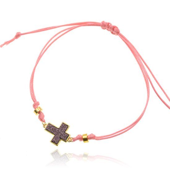 Deja Jewels Enkelband van roze touw met goudkleurige kralen en kruis