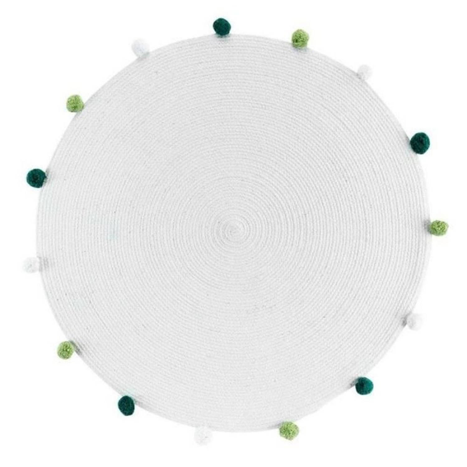 Orange85 Decoratief Rond Kleed - Laagpolig - Carpet - 90x90cm - Wit - Groene Pompons - Polyester