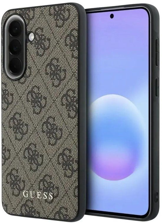 Guess Hoesje Geschikt voor Samsung Galaxy A37 - PU Leren Backcover - 4G Print & Klassiek Metalen Logo - Bruin