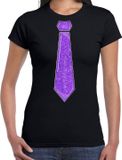 Bellatio Decorations Verkleed shirt dames - stropdas glitter paars - zwart - carnaval - foute party XXL
