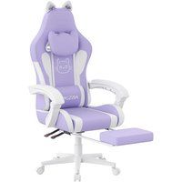Gamingstoel met kattenoren, bureaustoel met ergonomische voetsteun, massagefunctie voor de onderrug, verstelbare rugleuning (90-135°), paars en wit
