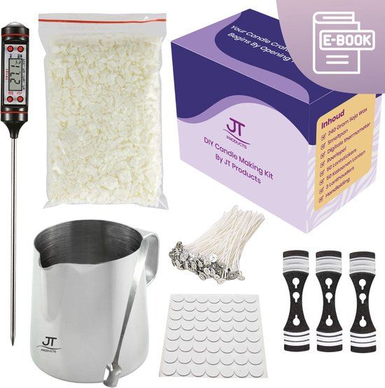 JT Products Kaarsen Maken Set - Starterspakket voor Volwassenen - DIY Kaarsen Maken - 240g Soja Was - Inclusief E-book
