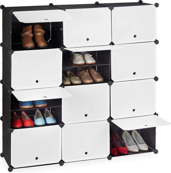 Relaxdays Schoenenkast - 24 vakken - met deuren - kunststof - 125x125x32 cm - zwart-wit