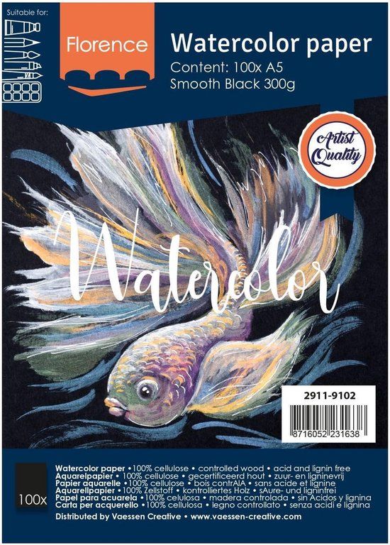 Florence Vaessen Florence Aquarelpapier - Zwart - A5 - 300 gram - Glad