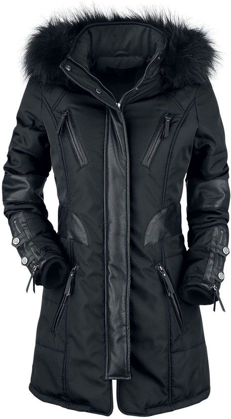 Rock Rebel by EMP Zwarte lange winterjas met imitatieleren details - Dames - XL