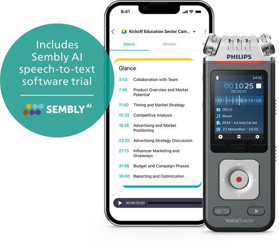 Philips DVT6115 Audio recorder - 3Mic Stereo 24-bits/96 kHz - Sembly AI spraakherkenning - Smartphone-app - USB-C - Antraciet