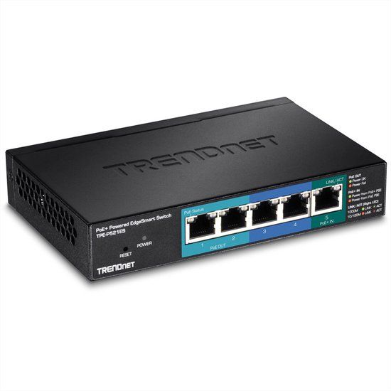 TRENDnet TPE-P521ES 5-poorts Gigabit-switch PoE+ powered met PoE Pass Through 15W