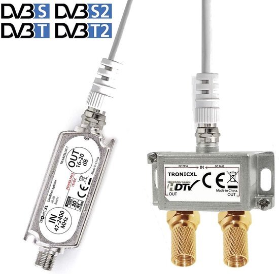 TronicXL TronicXL Premium 2-voudige antenneverdeler splitter met satellietversterker digitaal HD I voor satelliet TV DVBT DVBS Unicable 3D 4K HDTV I verdeler zachte inline voor 2 tv's (2-voudig zilver)