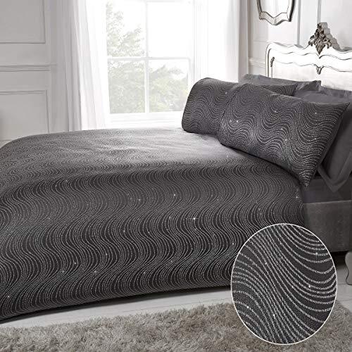 Sleepdown Sleepdown Swirl Gestreepte Glitter Houtskool Grijze Jacquard Luxe Easy Care Dekbedovertrek Quilt Beddengoed Set met Kussensloop - Eenpersoons (135cm x 200cm)