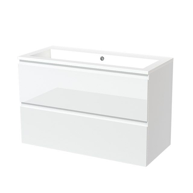 Maxaro Badkamermeubel 100cm Modulo Hoogglans Wit 2 Lades Greeploos Wastafel Mineraalmarmer