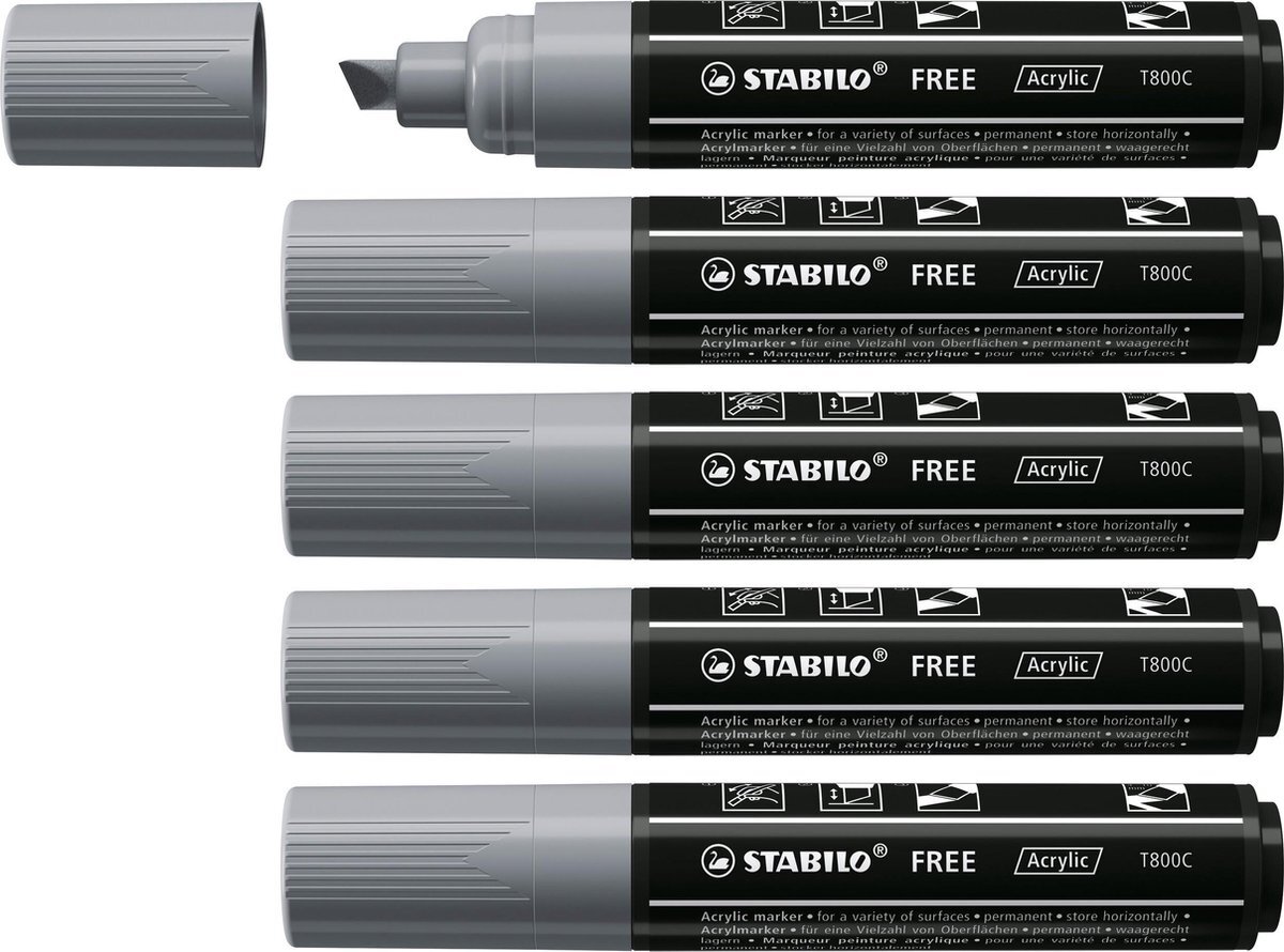 Stabilo FREE - Acryl Marker - T800C - Schuine Punt - 4-10 mm - Donker Grijs - Doos 5 stuks