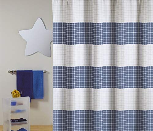 MSV Cotexsa by Premium antischimmel douchegordijn - antibacterieel, wasbaar, 100% waterdicht, met 12 douchegordijnringen - polyester, "Quadro" wit blauw 180x200cm - Made in Spain