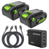 Greenworks 2er Pack 24V 4Ah accu High Power USB-C & 140W USB-C oplader & 140w kabel, Li-Ion 24V 4,0 Ah accu geschikt voor alle 200+ Greenworks 24V apparaten, 2 jaar garantie - K2D8DEA