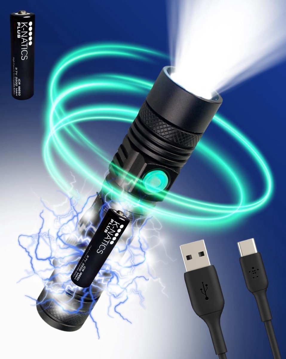K-natics Militaire LED Zaklamp - USB Oplaadbaar - 1000 lumen - 2200mAh Batterij - Zoomfunctie - Stof- en waterdicht IP-65 - incl. Luxe Travelkit