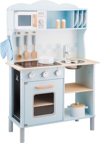 New Classic Toys Wooden Play Kitchen Blue - With Light-Up Hob and Chalkboard