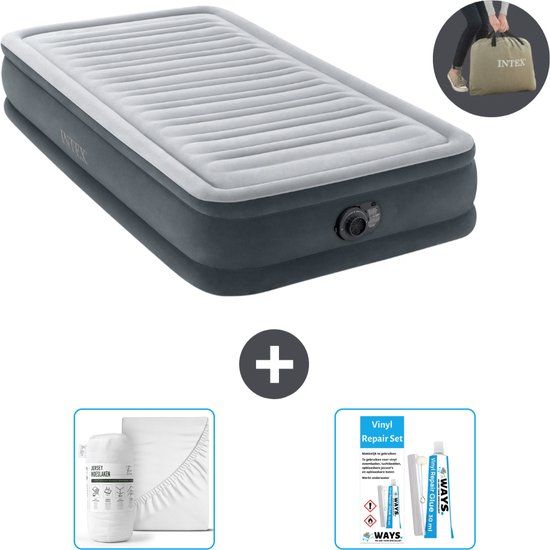 Intex Luchtbed - 1 Persoons - 99 x 191 x 33 cm - Grijs - Met pomp, hoeslaken en reparatieset