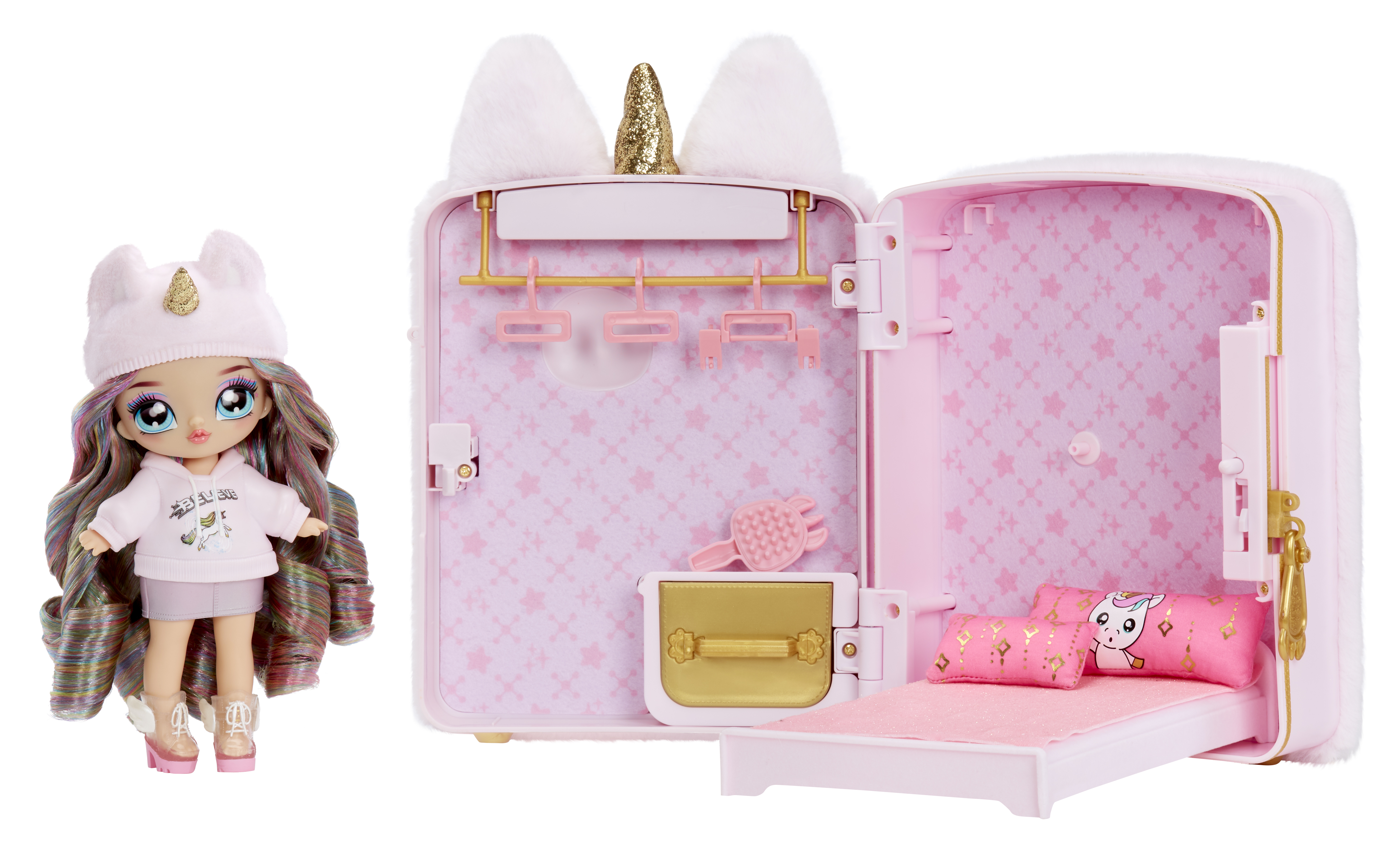 MGA Entertainment Na! Na! Na! Surprise 3-in-1-speelset met rugzak-slaapkamer en Britney Sparkles-pop met eenhoornthema