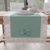 PETTI Artigiani Italiani Elegante katoenen tafelloper voor keukentafel, woonkamer, eetkamer, effen tafelkleden met Sangallo kanten ruches en strikken, 40 x 140 cm, aqua