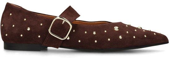 Manfield Dames Bordeaux Rode Suède Loafers Met Goudkleurige Studs - Maat 36