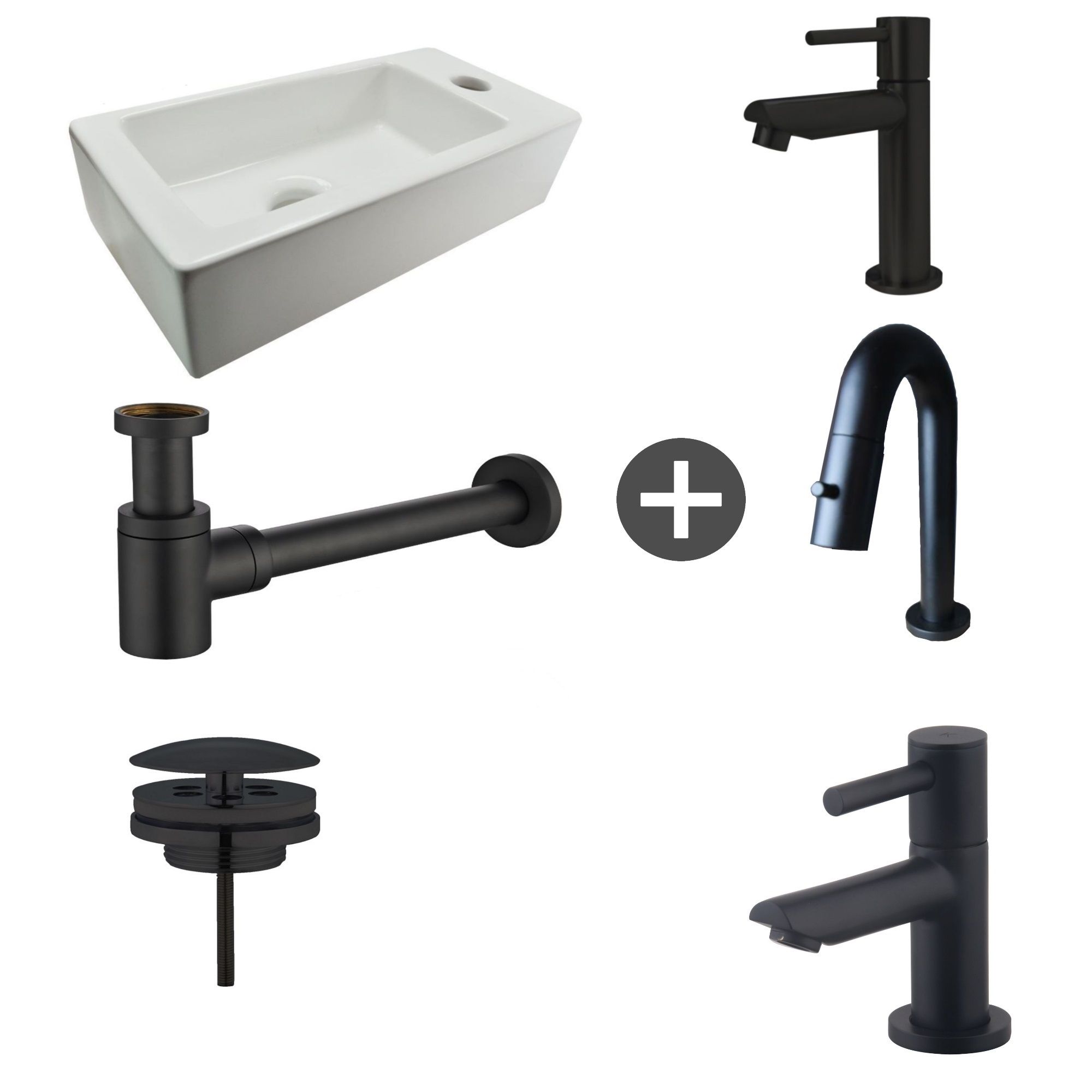 Wiesbaden Fonteinpack rhea rechts keramiek 36x18x9 cm mat zwart (keuze uit 4 kranen)