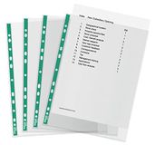 Esselte 628531 A4 geperforeerde zakken, 100 x polyzakken, 34 micron dikte, doorzichtige A4-zakken met reliëf, versterkte groene rug, ideaal voor hefboomvijlen en ringbanden (pak van 100)