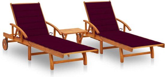 VidaXL Ligstoelen 2 stuks met tafel en kussens massief acaciahout Rood