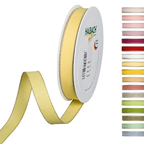 Halbach Seidenbänder Decoratielint met linnen randen breedte: 15 mm lengte 20 m, cadeaulint om te versieren of vorm te geven, DIY decoband, kleur: geel/linnen