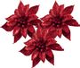 Cosy and Trendy Décoration de sapin de Noël fleurs sur clip - 3x pièce - rouge - 8 cm - paillettes