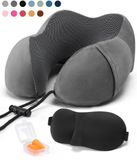 SKYCASES Nekkussen Set 3-delig - Ergonomisch Memory Foam Reiskussen met Oogmasker en Oordoppen - Ideaal voor Vliegtuig, Auto en Trein - Compact en Luxe - Apricot