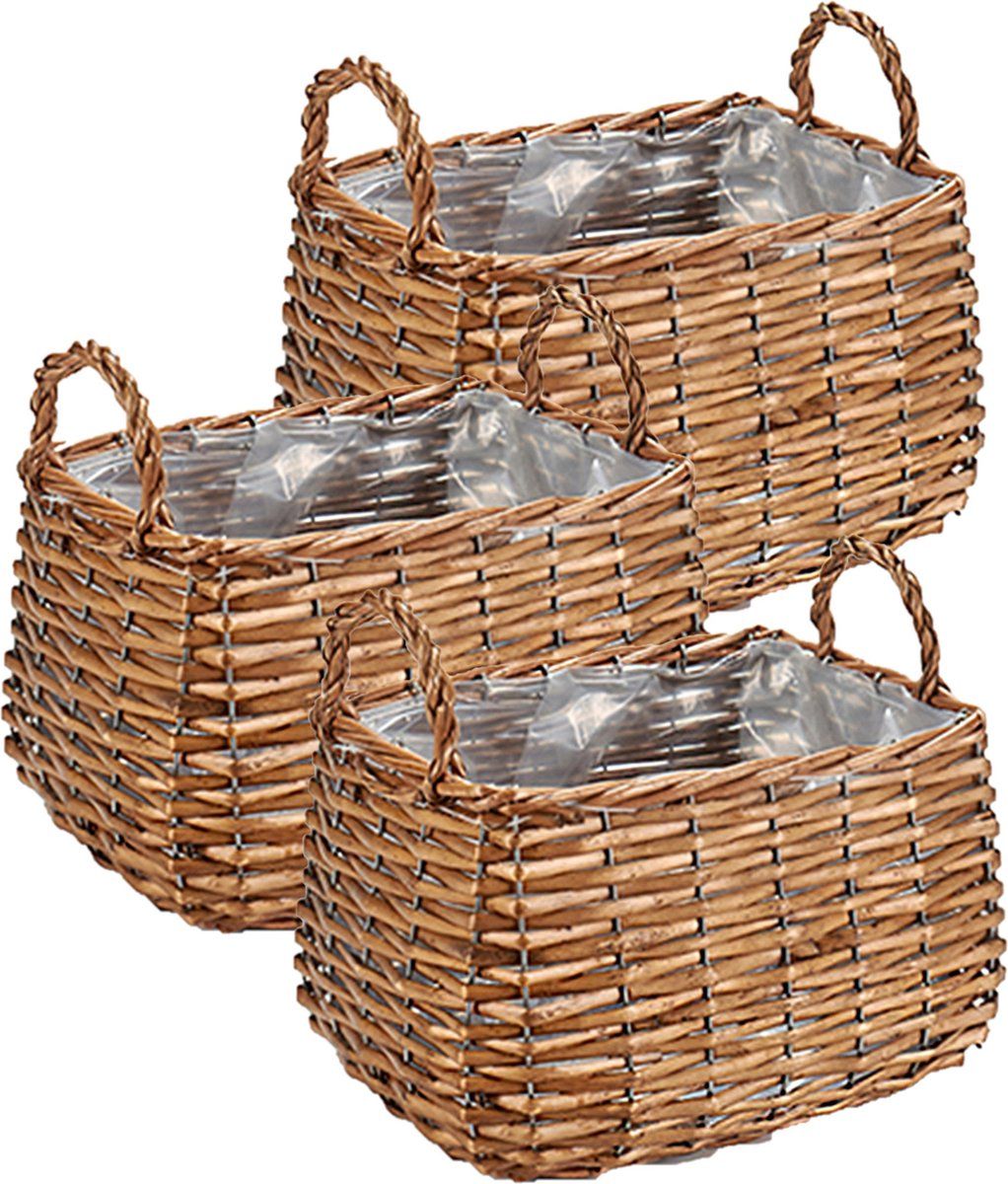 Ibergarden Set van 3x plantenbak manden gevlochten riet met binnenmand 26 x 21 x 16 cm - Bruin