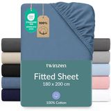 Twinzen hoeslaken 180x200 cm - 100% katoenjersey, blauw - Oeko-Tex gecertificeerd