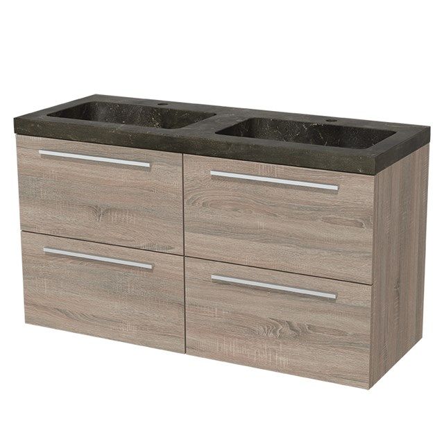 Maxaro Badkamermeubel 120cm Modulo Eiken 4 Lades Vlak Wastafel Natuursteen Blue Stone