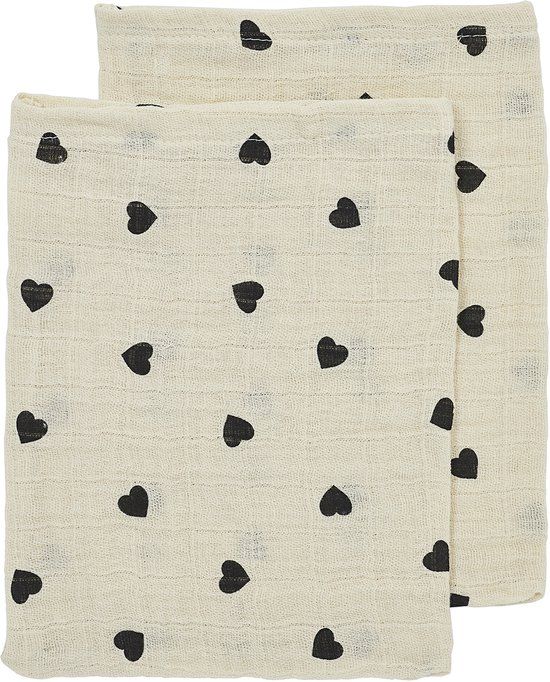 Meyco Baby Sweet Heart Washandjes - 2-Pack - Soft Sand/Black - 20x17 cm