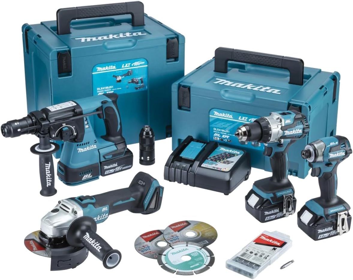 Makita DLX4195JX1 Combiset | DHP489 + DTD173 + DHR243 + DGA504 | Incl. 3x 5.0Ah accu + lader in M-box - DLX4195JX1
