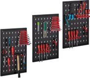 Relaxdays Gereedschapswand van metaal, 25-delige accessoireset, 60 x 118 x 2 cm (h x b x d), 3 geperforeerde panelen, wandmontage, zwart/rood, staal