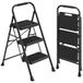 SONGMICS Huishoudtrap met 3 Treden, Stalen Trapladder, Opvouwbaar | Opstapje met Leuning, Antislip, 150 kg Draagvermogen, 114 x 45,5 x 7,5 cm, Zwart, BRODY Collectie GSL203BZ01