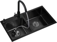 Merkloos / Sans marque Wan GmbH Onderbouwspoelbak - Dubbele spoelbak - Keukenwerkzaamheden - Uittrekbare kraan - 72 cm breed - Zwart