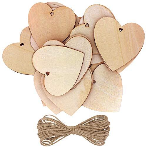 Kurtzy pak van 25 Houten Harten met 10m Natuurlijk Draad - 10x10cm Onbewerkt Houten Hart Vormen set met Gaten – Decoraties voor Trouwerijen, Feestjes, Jubileums, Gepersonaliseerde Kado’s, Kunst en Hobby