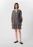 comma Jurk met volant en split, lange mouw, V-hals, A-lijn, geruit, navy, maat 44