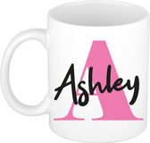 Bellatio Decorations Naam mok Ashley - roze - wit - keramiek - 300 ml - cadeau beker